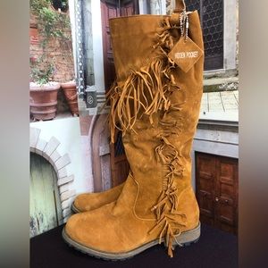 New Brown Zip Knee High Suede Fringe Heeled Boots with Hidden Pocket